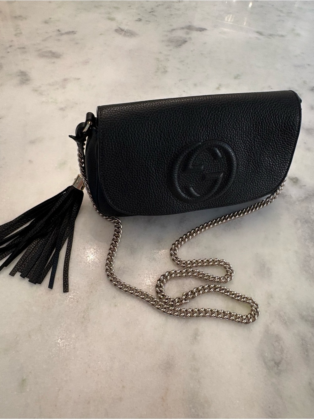 Gucci Black Pebbled Leather Crossbody with Tassel and Chain Strap